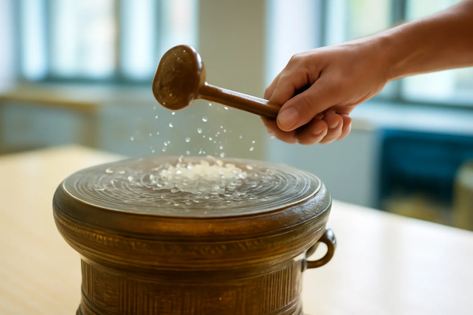 Mặt trống đồng được gõ, những hạt gạo trên mặt trống nảy lên