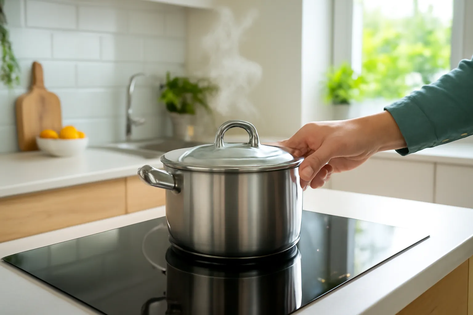 Bàn tay đặt nồi inox lên mặt bếp từ đen bóng trong căn bếp hiện đại