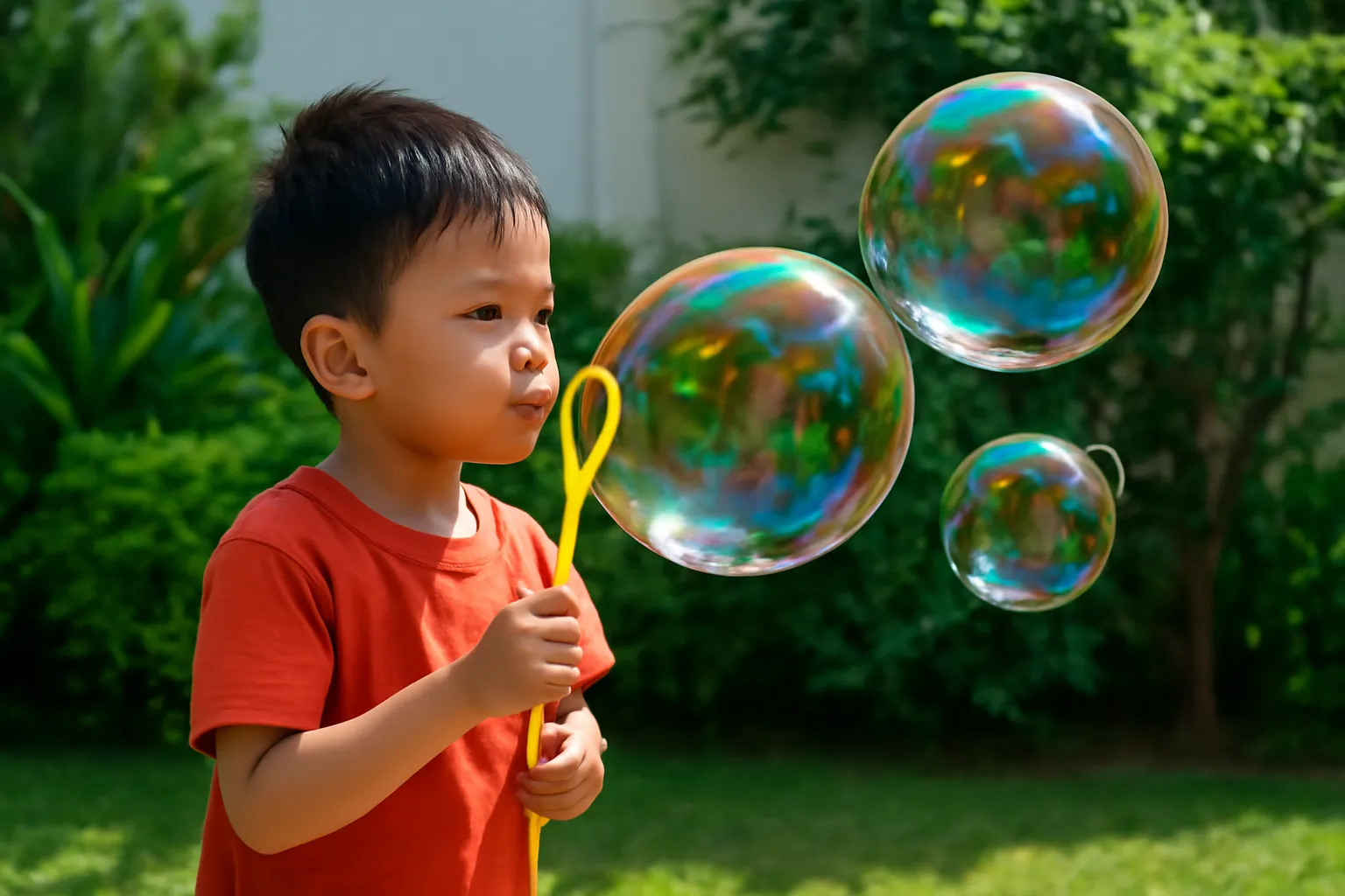 Bé trai thổi bong bóng xà phòng ngoài sân, bong bóng óng ánh nhiều màu