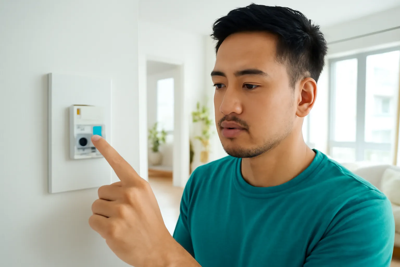Tay người đàn ông bấm nút thử trên cầu dao chống giật gắn tường