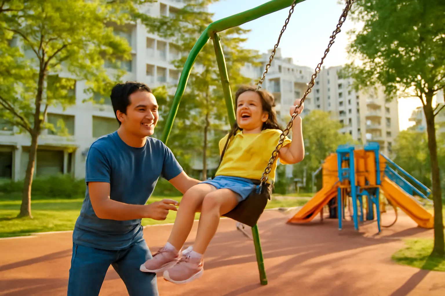 Bố đẩy con gái trên xích đu ở sân chơi chung cư buổi chiều
