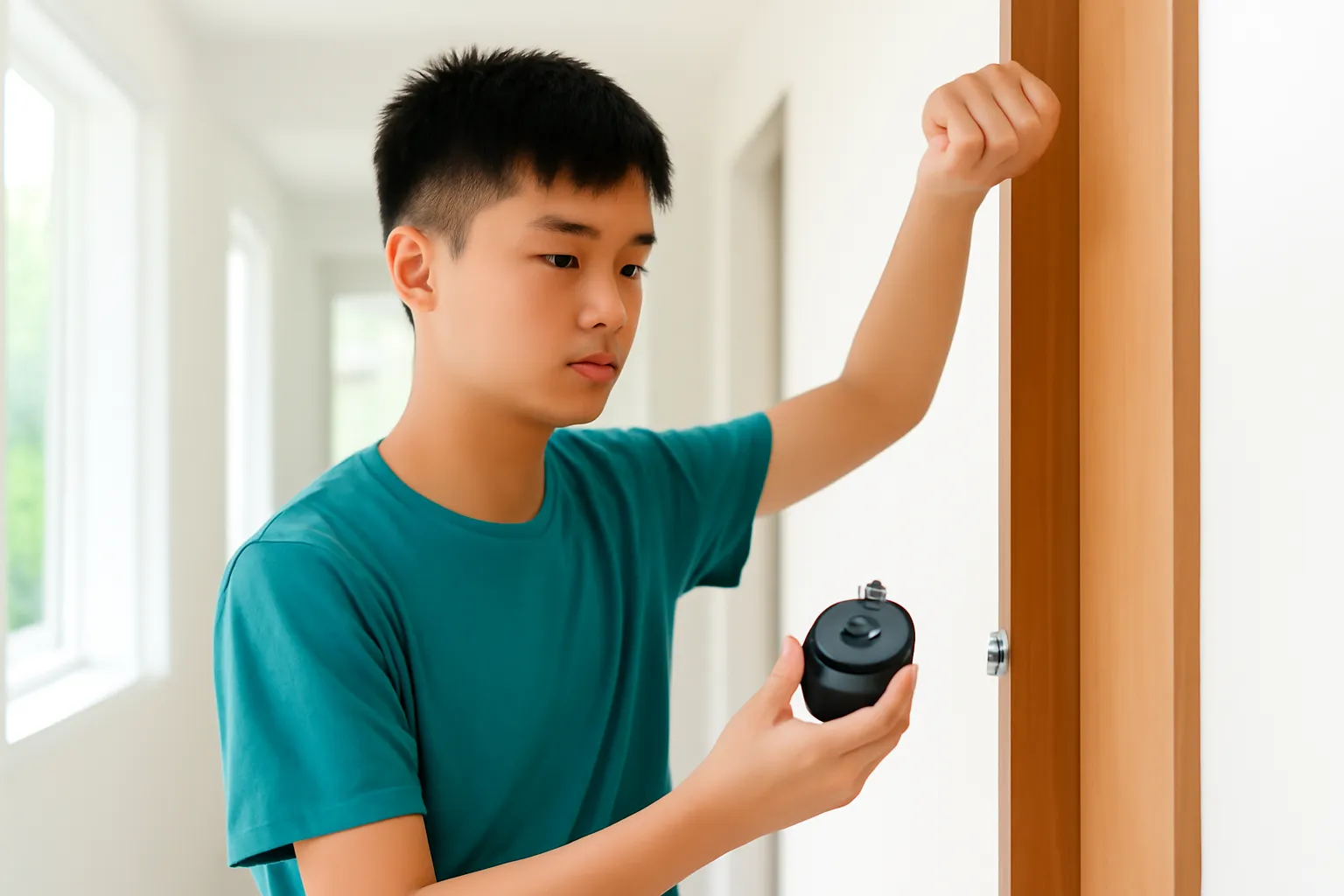Quả nặng treo dây buộc khung cửa, cậu học sinh cầm đồng hồ bấm giây