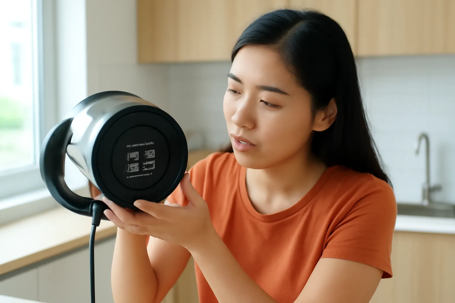 Người phụ nữ lật đáy ấm siêu tốc xem thông số trong bếp căn hộ