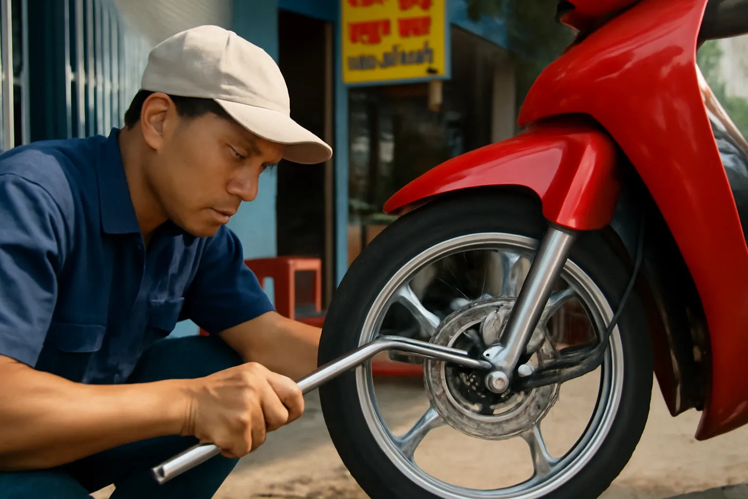 Thợ sửa xe vặn ốc bánh xe bằng cờ lê dài ở tiệm vỉa hè
