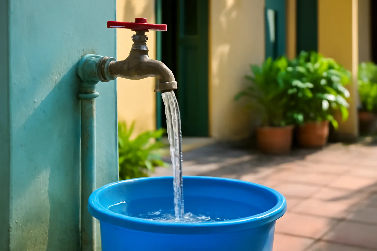 Vòi nước ngoài sân chảy mạnh vào chiếc xô nhựa xanh dưới nắng