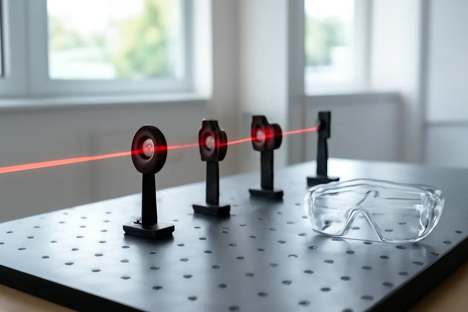Tia laser đỏ mảnh trên bàn quang học phòng thí nghiệm trường, kính bảo hộ đặt cạnh