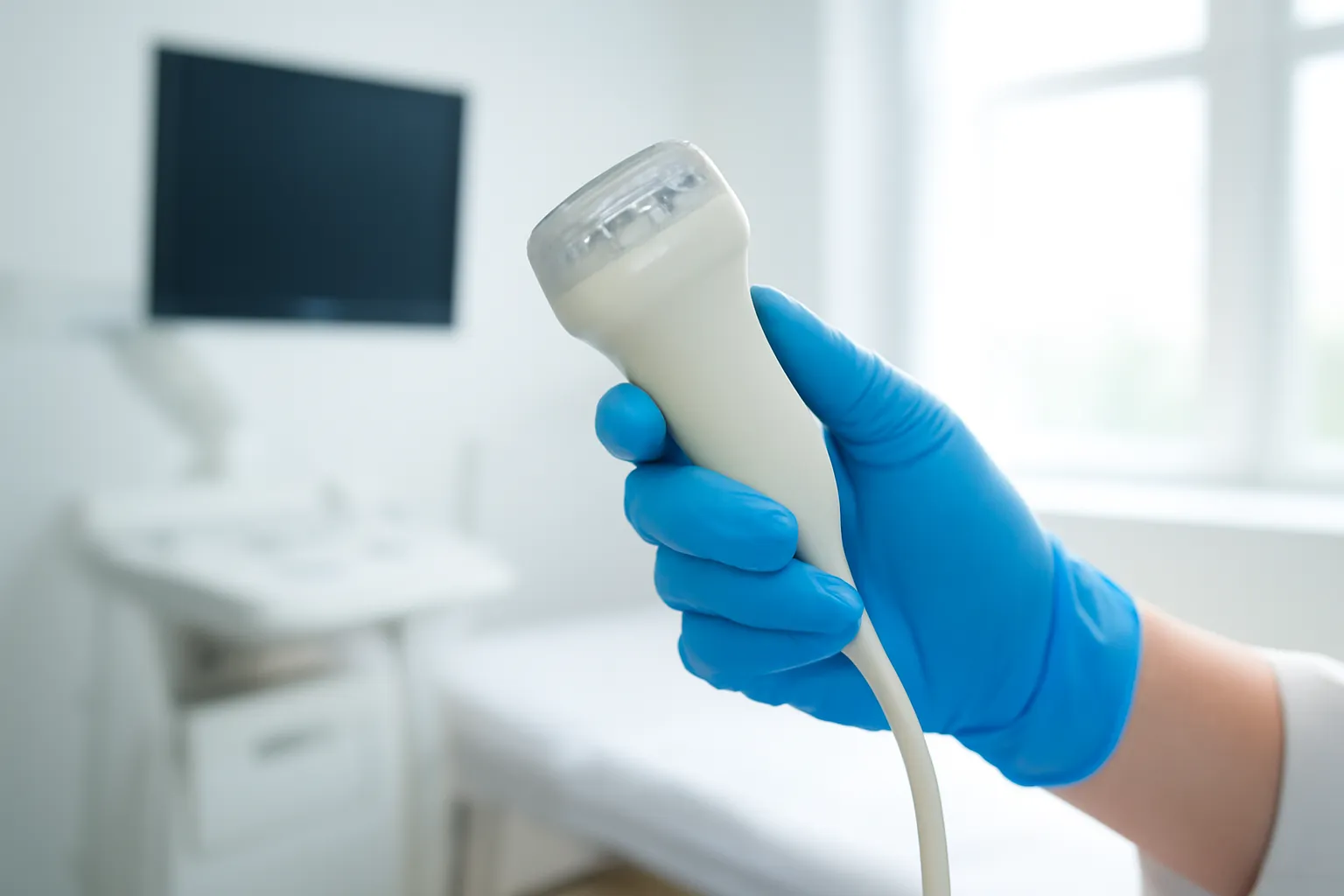 Đầu dò siêu âm trong tay bác sĩ đeo găng xanh ở phòng khám sáng