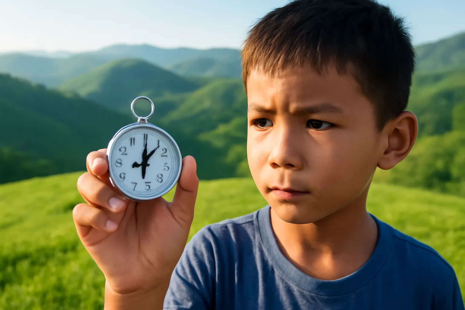 Cậu bé cầm la bàn trên bãi cỏ đồi xanh, cận cảnh bàn tay