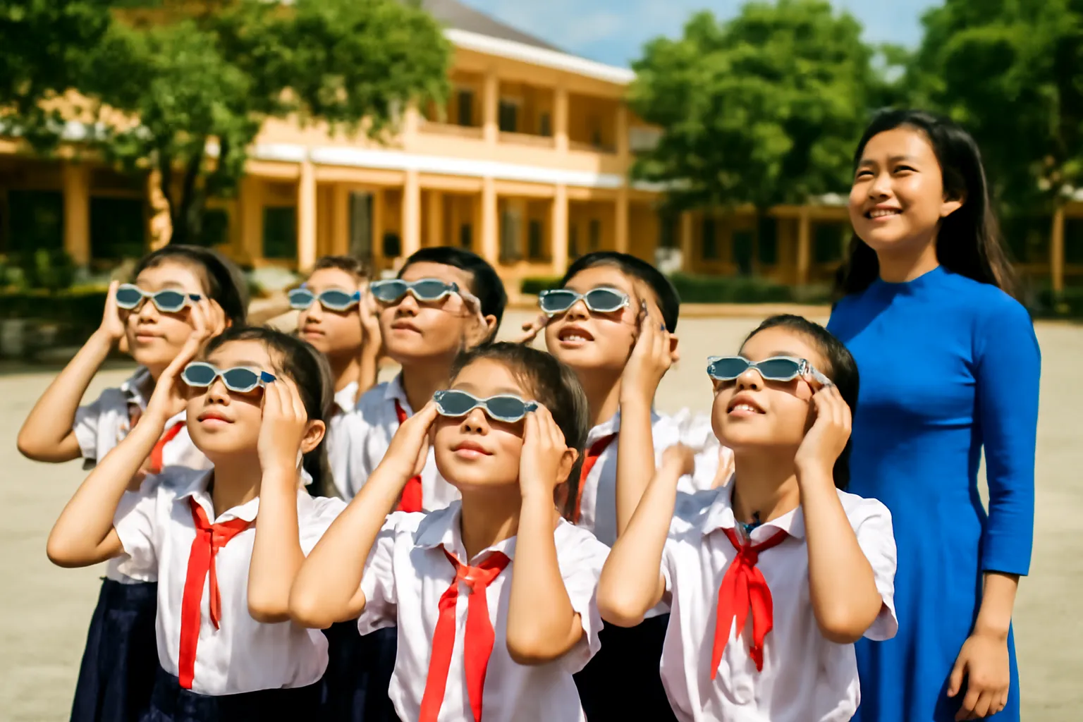 Nhóm học sinh đeo kính lọc mặt trời ngước nhìn bầu trời ở sân trường