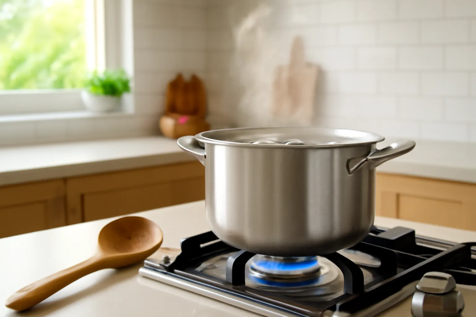 Nồi nước sôi bốc hơi trên bếp gas trong căn bếp gia đình sáng sủa