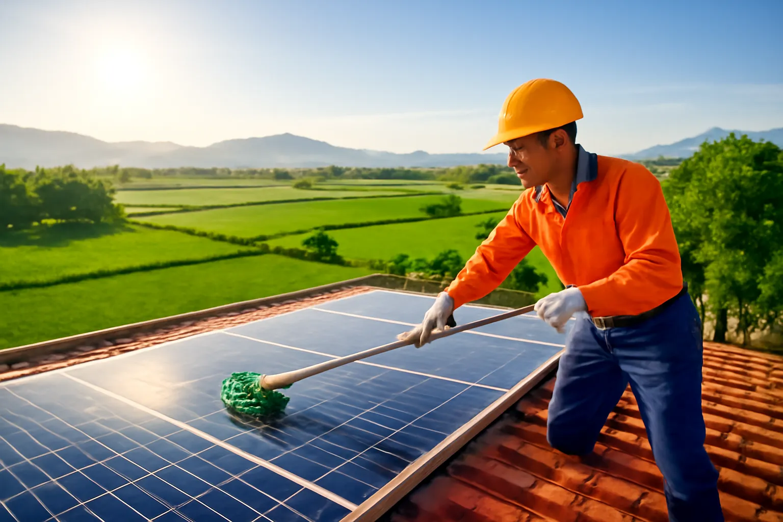 Thợ lau tấm pin mặt trời trên mái nhà nông thôn vào buổi sáng