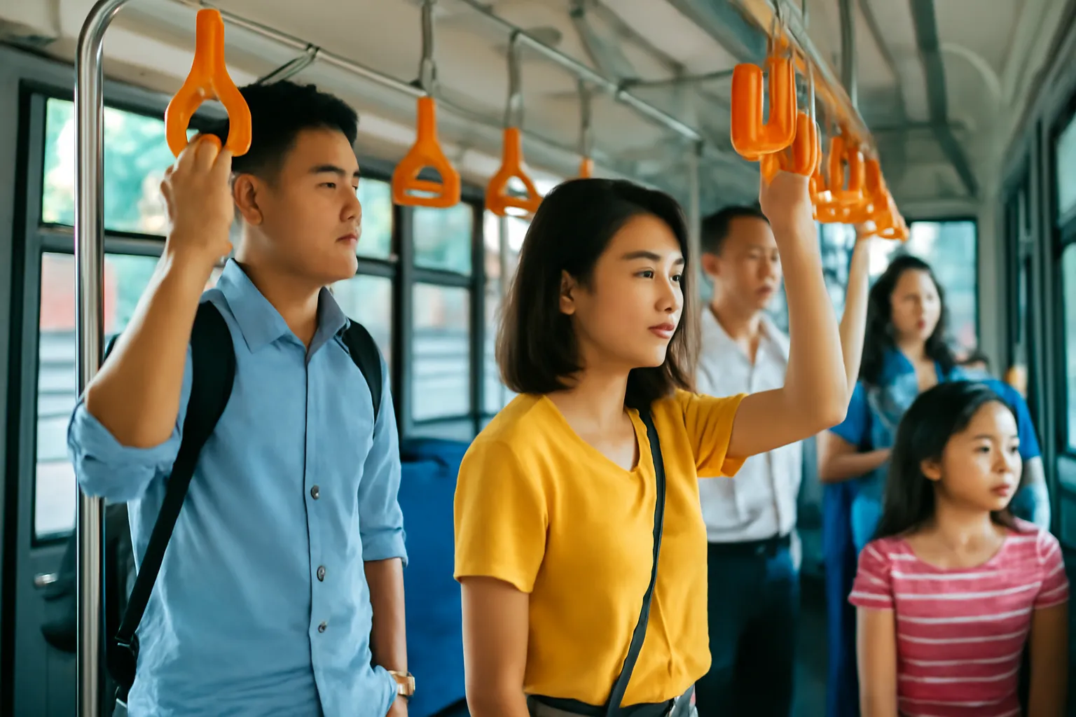 Hành khách đứng vịn tay cầm trên xe buýt nội thành buổi sáng