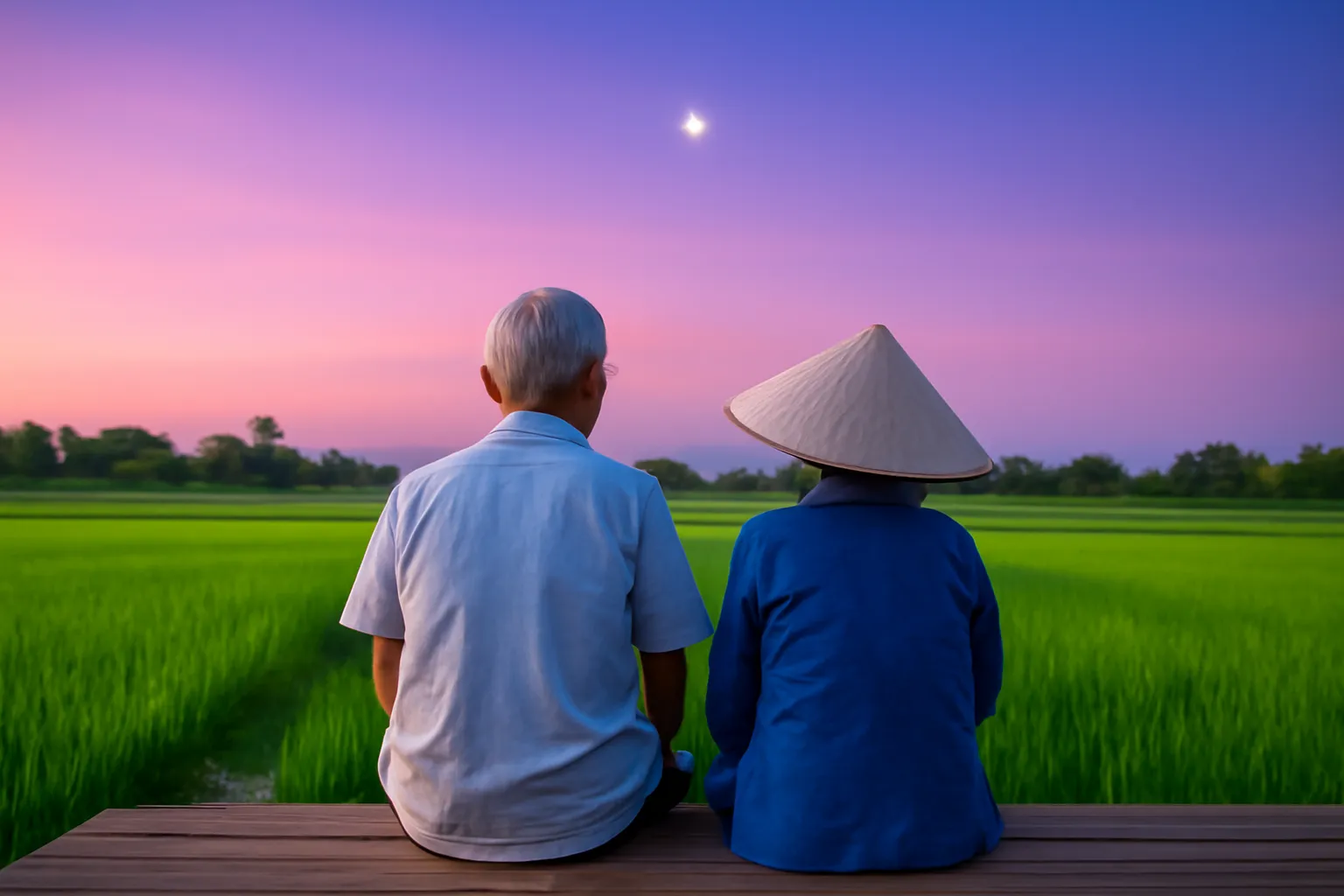 Đôi vợ chồng già ngồi hiên nhà nhìn chấm sáng trên trời hoàng hôn