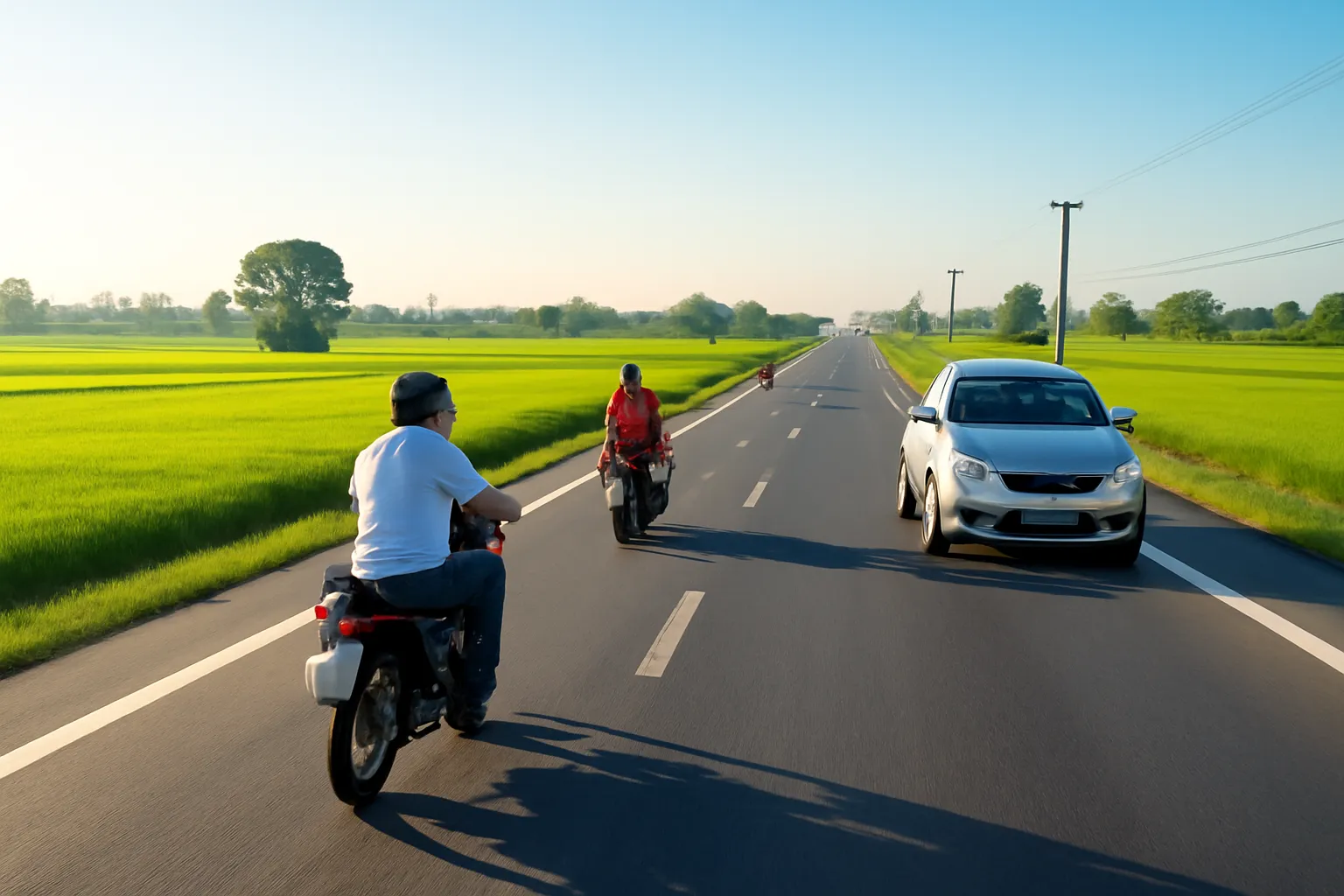 Xe máy và ô tô chạy trên đoạn quốc lộ thẳng lúc nắng sớm