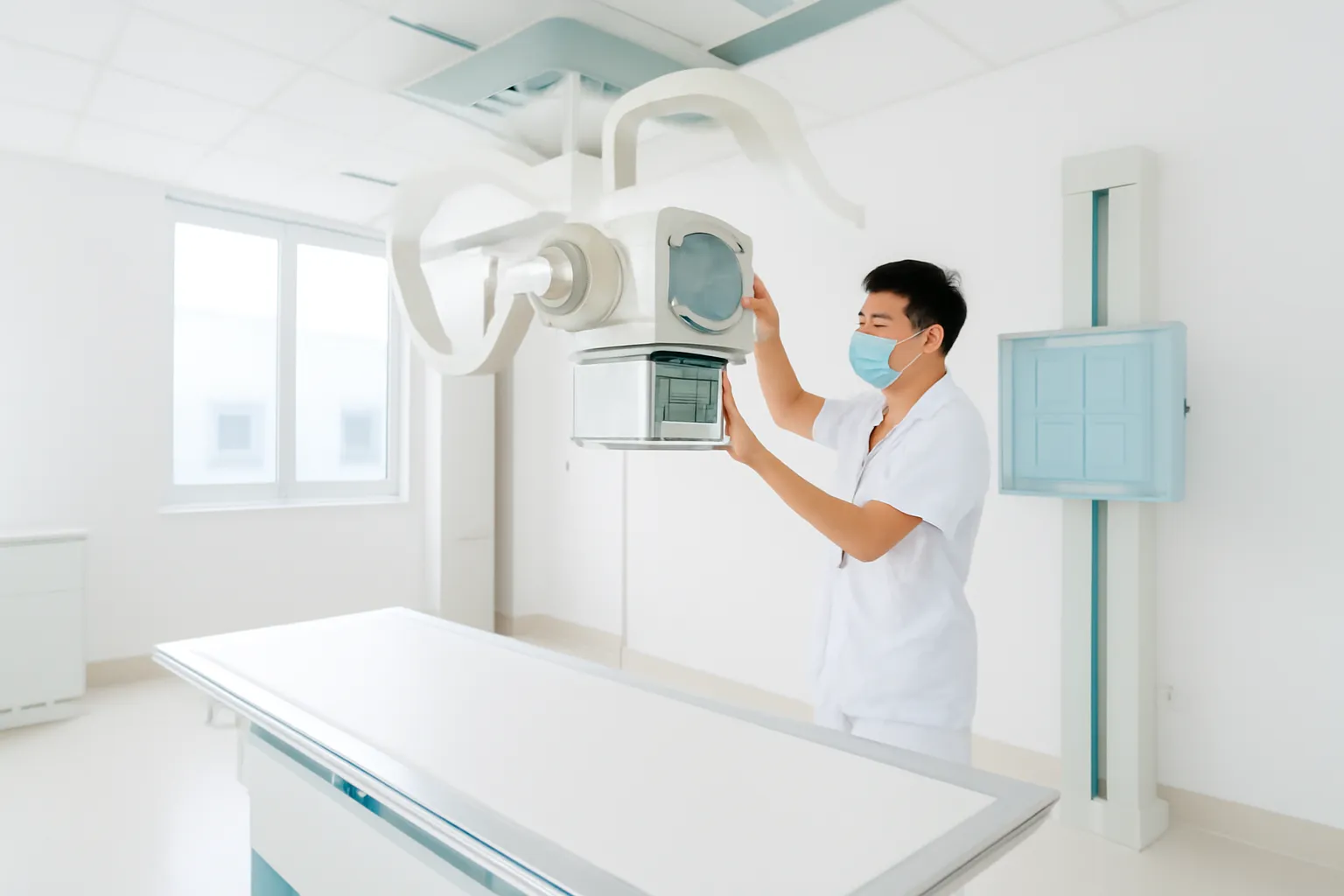 Kỹ thuật viên chỉnh máy chụp X quang trong phòng bệnh viện trắng sáng
