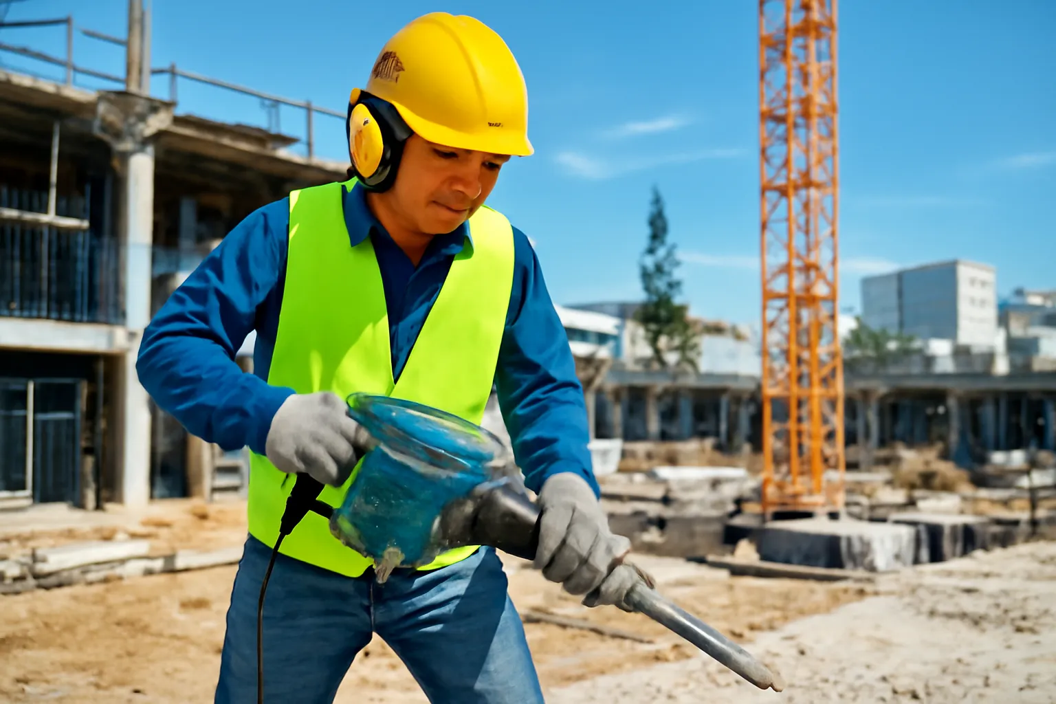 Công nhân đeo chụp tai chống ồn bên máy khoan bê tông ở công trường