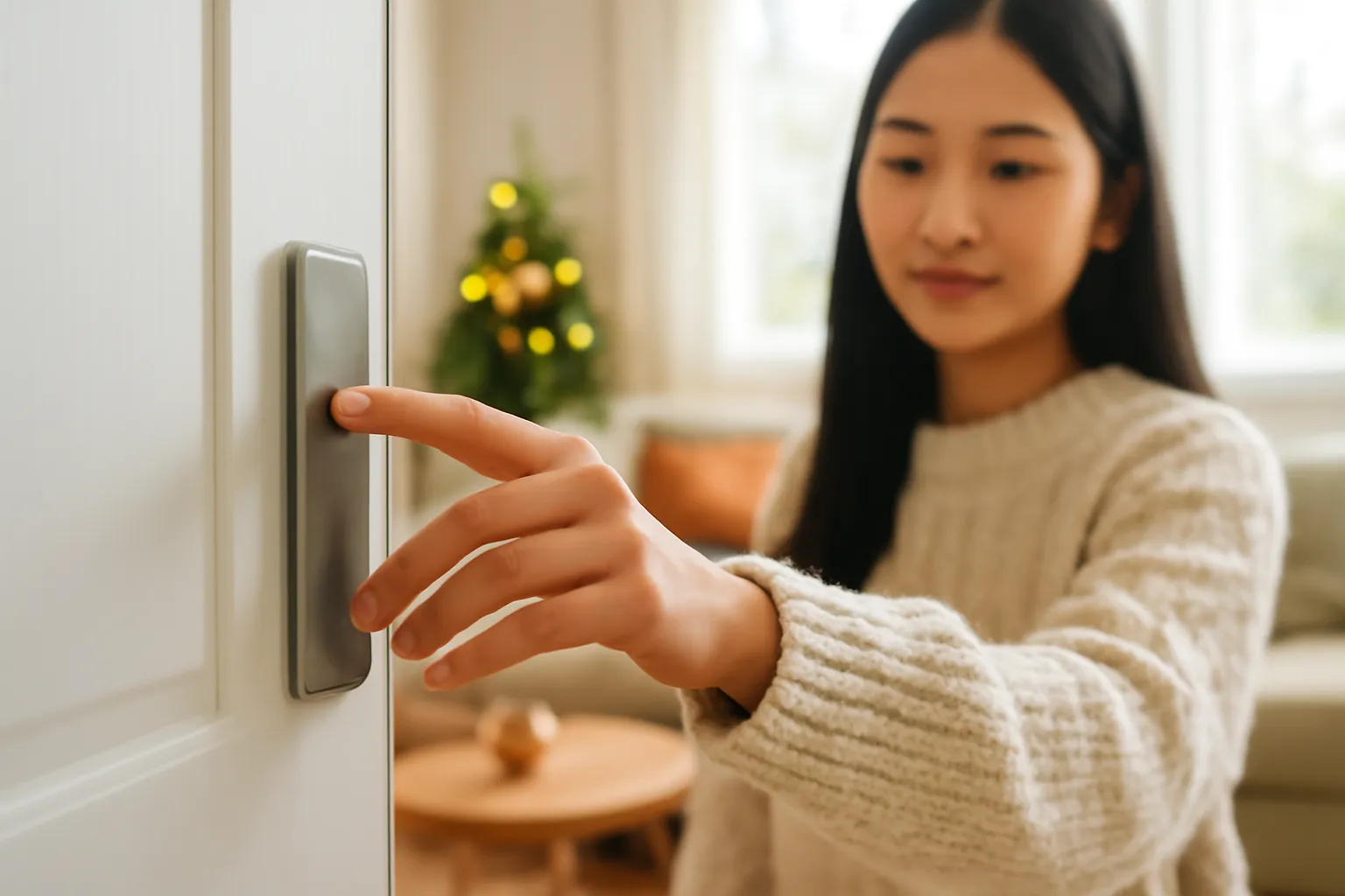 Cô gái mặc áo len đưa tay tới tay nắm cửa kim loại trong phòng khách