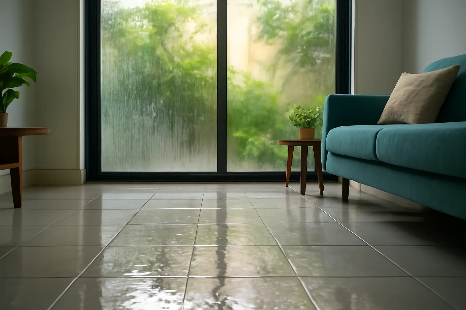 Sàn gạch men loang nước đọng, cửa kính mờ hơi trong nhà phố Hà Nội