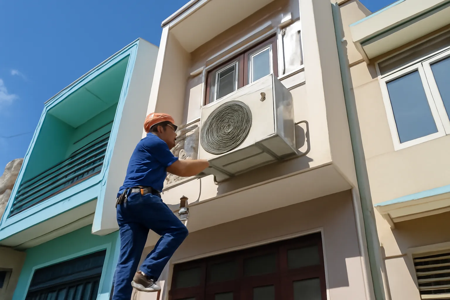 Thợ lắp đặt cục nóng máy lạnh trên tường nhà phố nhìn từ dưới lên