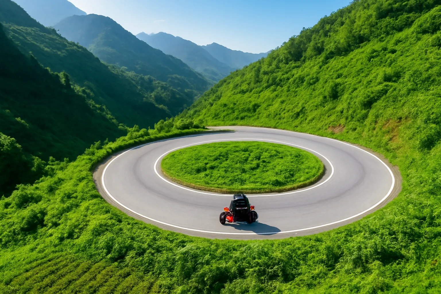 Người đi xe máy nghiêng nhẹ qua khúc cua đèo nhìn từ trên cao