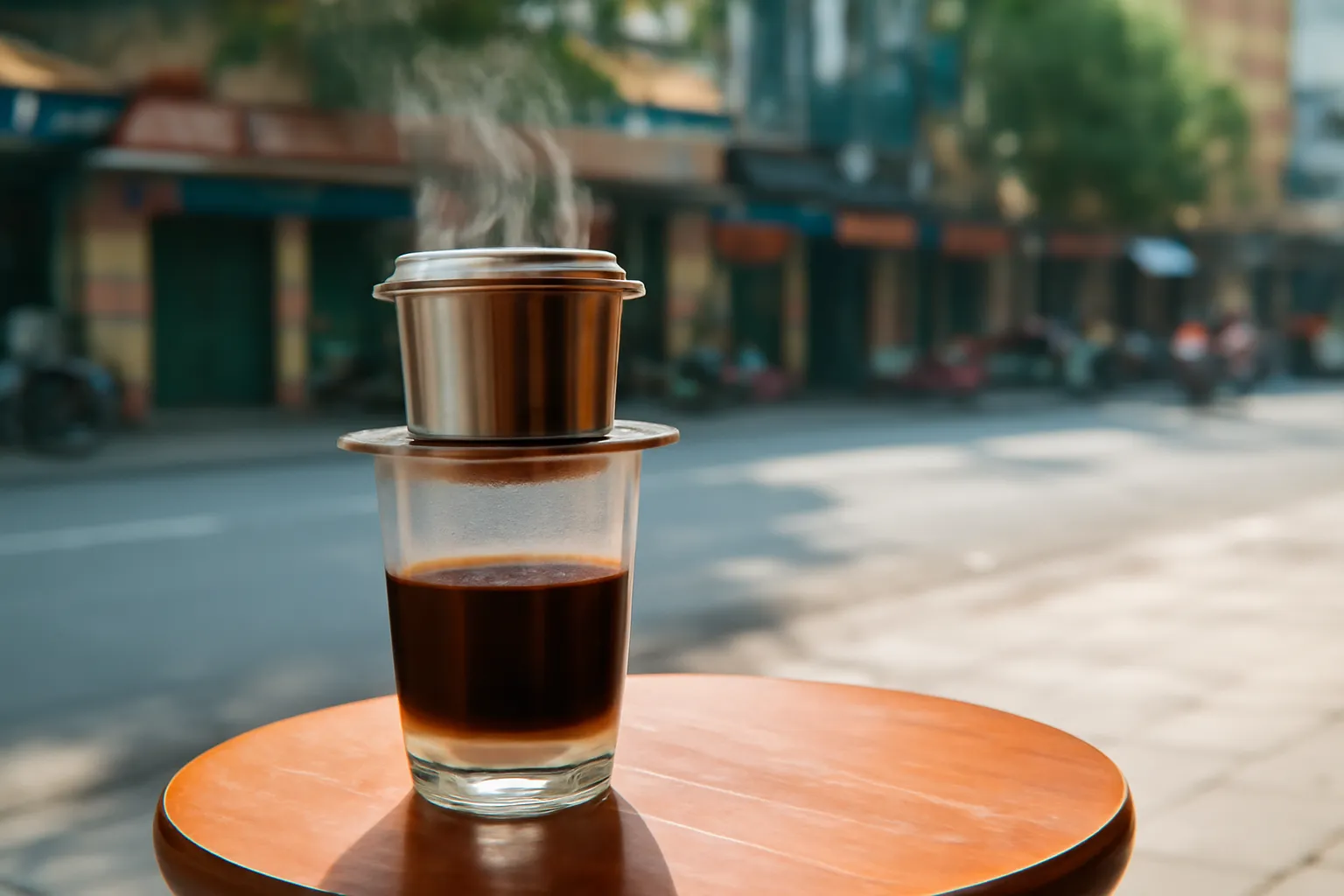 Ly cà phê phin đặt trên bàn gỗ quán vỉa hè, hơi nóng bốc mỏng