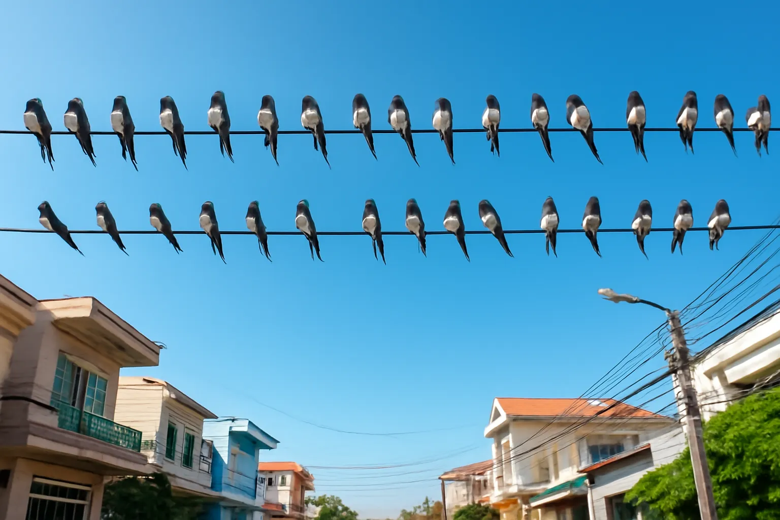 Đàn chim én đậu thành hàng dài trên dây điện ngoại ô dưới trời xanh