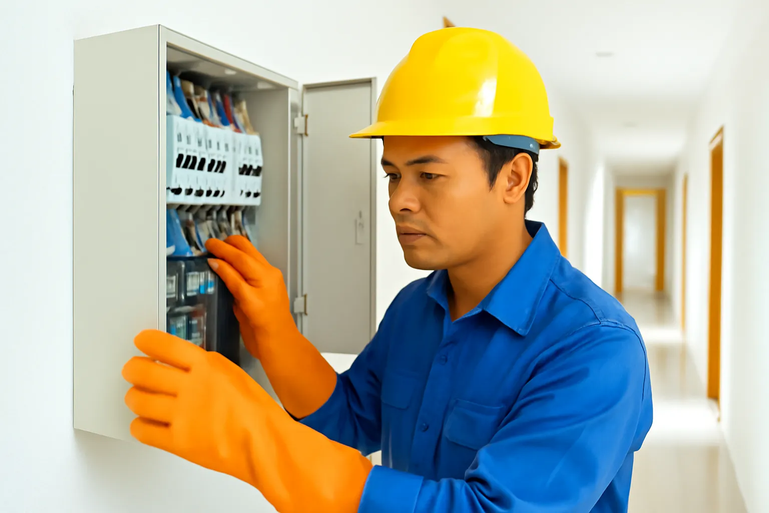 Thợ điện đội mũ đeo găng cách điện kiểm tra tủ điện trong nhà