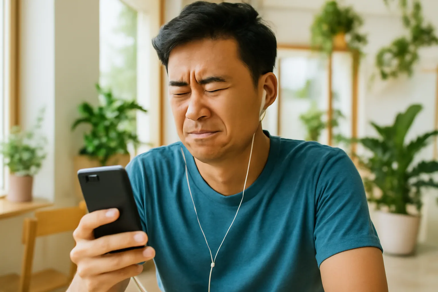 Chàng trai đeo tai nghe nhăn mặt nghe lại bản ghi âm ở quán cà phê