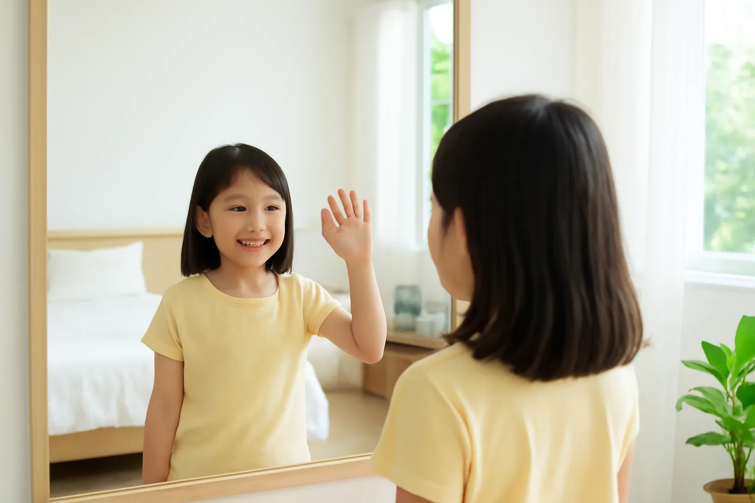 Bé gái giơ tay phải trước tấm gương lớn trong phòng ngủ, nhìn từ sau vai